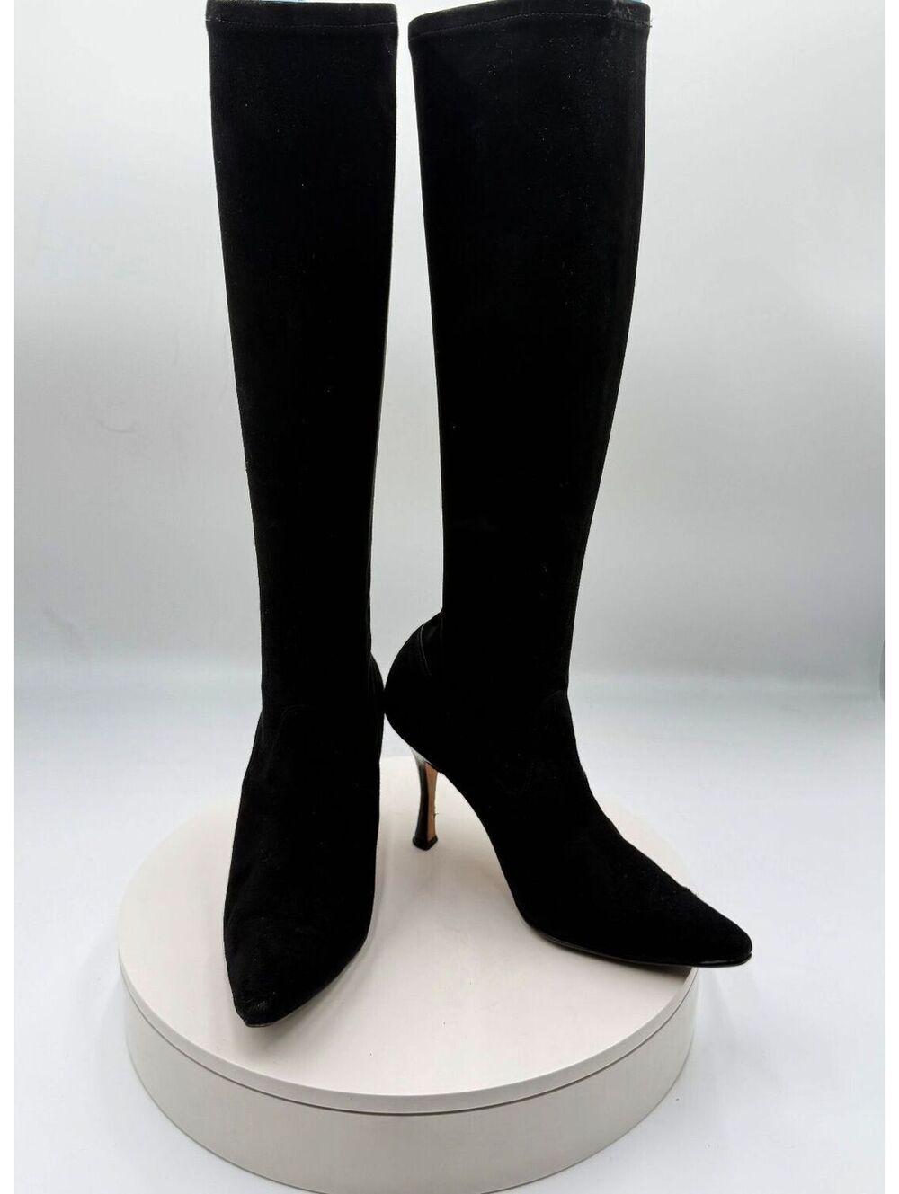 Manolo Blahnik Pascalarehi 85 Black Stretch Suede Pointed Toe Boots Size 36 US 6